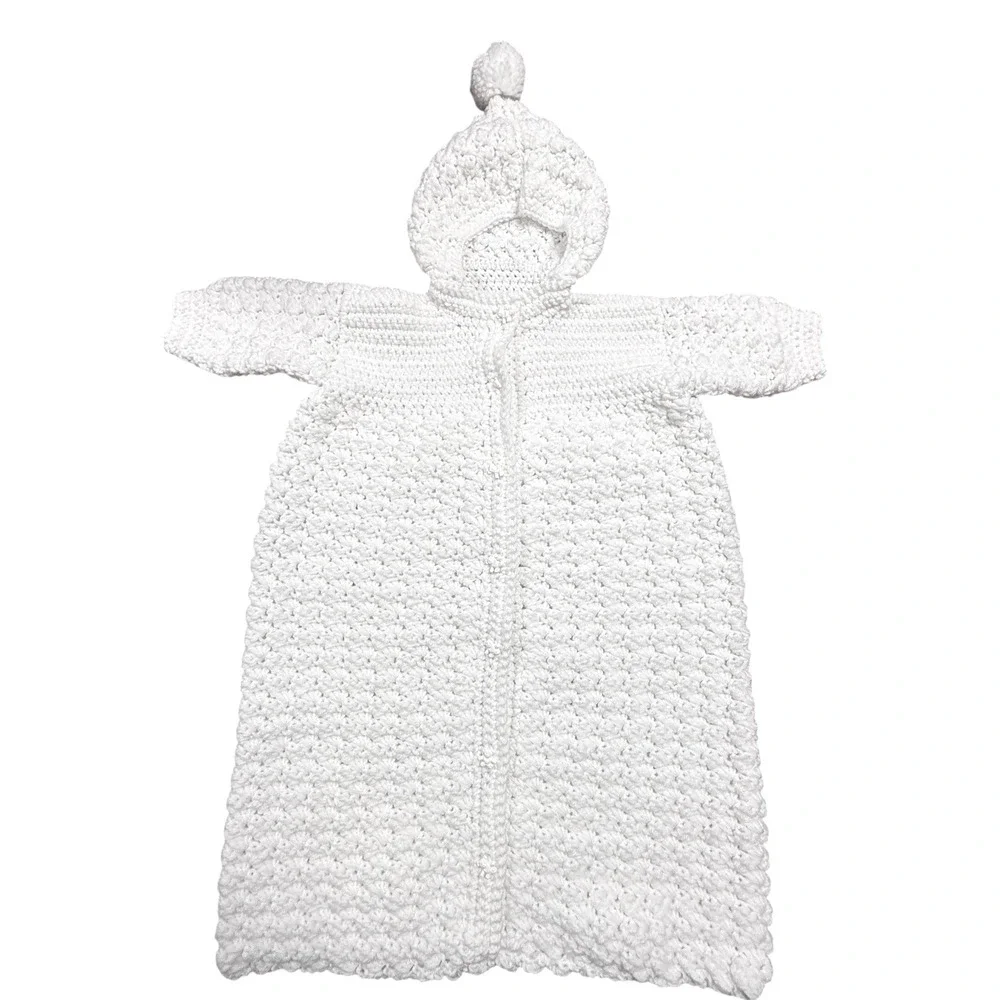 Handmade White Crocheted Baby Bunting Coat |‎ Newborn Infant Hooded Cocoon